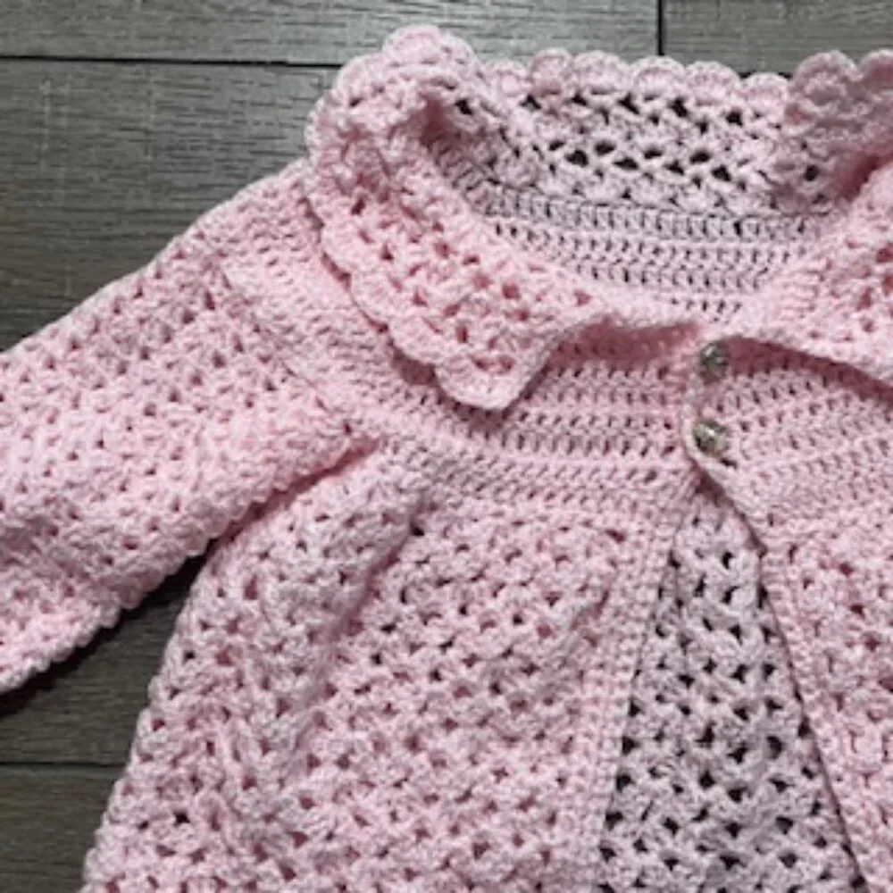 Hand Made Pink Crocheted Little Girls‎ Cardigan Sweater Jacket Size 2T